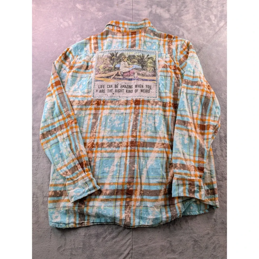 Angry Minnow Vintage Bleached Plaid Flannel Shirt Mens XL Graphic Patch Weird